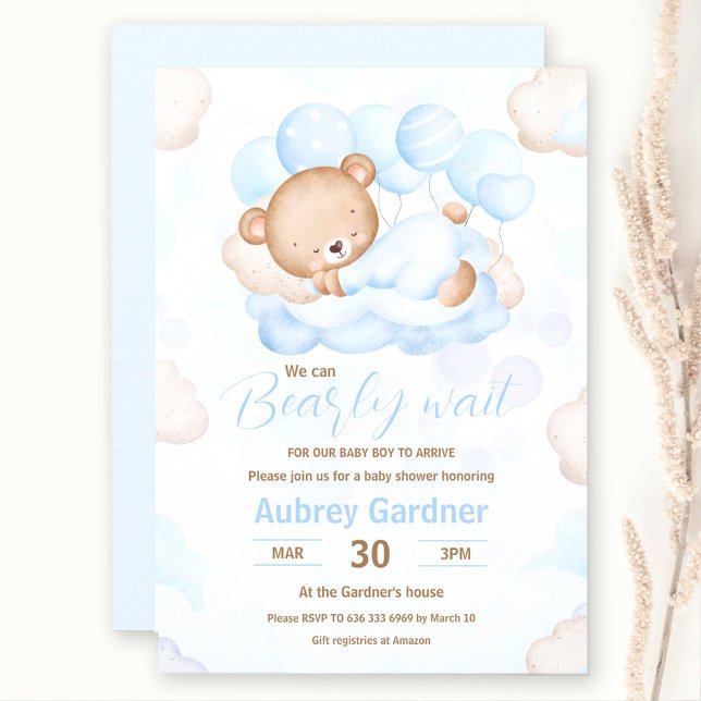 Vi kan bolla pojkbabyskuva inbjudningar (We Can Bearly Wait Boy Bear Baby Shower Invitation)