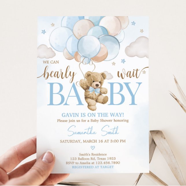 Vi kan bota babyskor med ballongen inbjudningar (Teddy Bear Balloon Baby Shower Invitation)