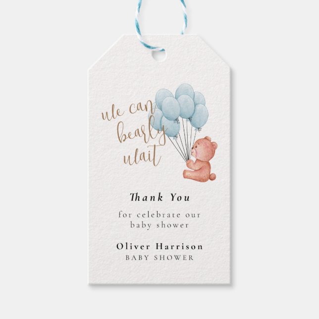 Vi kan bota den blå babyskaren med blå ballong presentetikett (Framsidan)