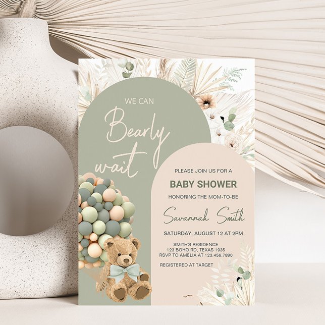Vi kan bota Grönten Baby Shower Inbjudningar (Green Boho Teddy Bear Baby Shower Invitation)