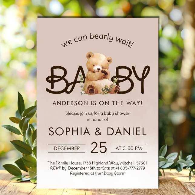 Vi kan bota inbjudan till babyådgivare (We Can Bearly Wait Baby Shower Invitation)