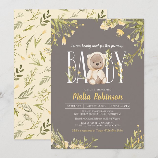 Vi kan bota Nallen Baby Shower Gult I Inbjudningar (Fram/baksida)