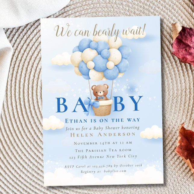 Vi kan bota vänta blått Nalle babydusch Inbjudningar (We can Bearly Wait Blue Teddy Bear Baby Shower Invitation)