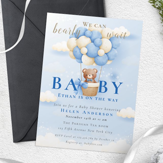 Vi kan bota vänta blått Nalle babydusch Inbjudningar (Teddy Bear Balloon Boy Bearly Wait Baby Shower Invitation)