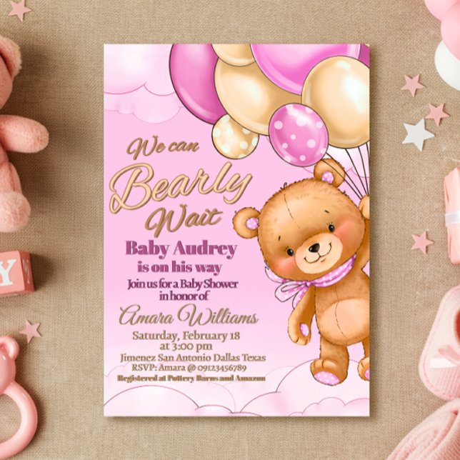 Vi kan bota vänta - inbjudan till en liten flicka. (We Can Bearly Wait - Girl Baby Shower Invitation)