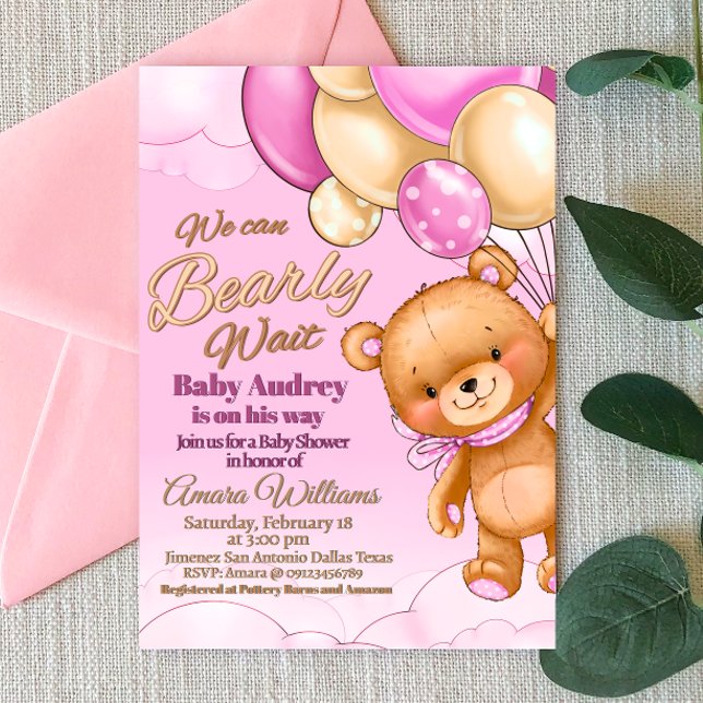 Vi kan bota vänta - inbjudan till en liten flicka. (We Can Bearly Wait - Girl Baby Shower Invitation)