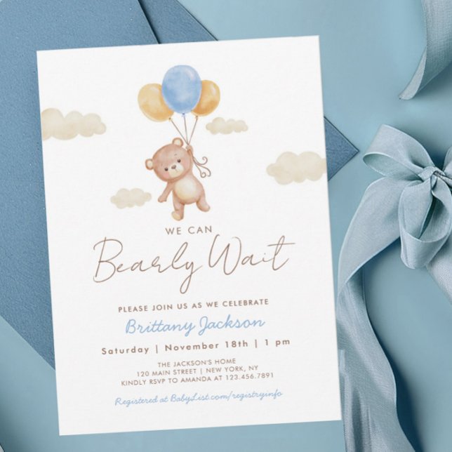 Vi kan bota vänta Nalle Baby Shower Blue Inbjudningar (Skapare uppladdad)