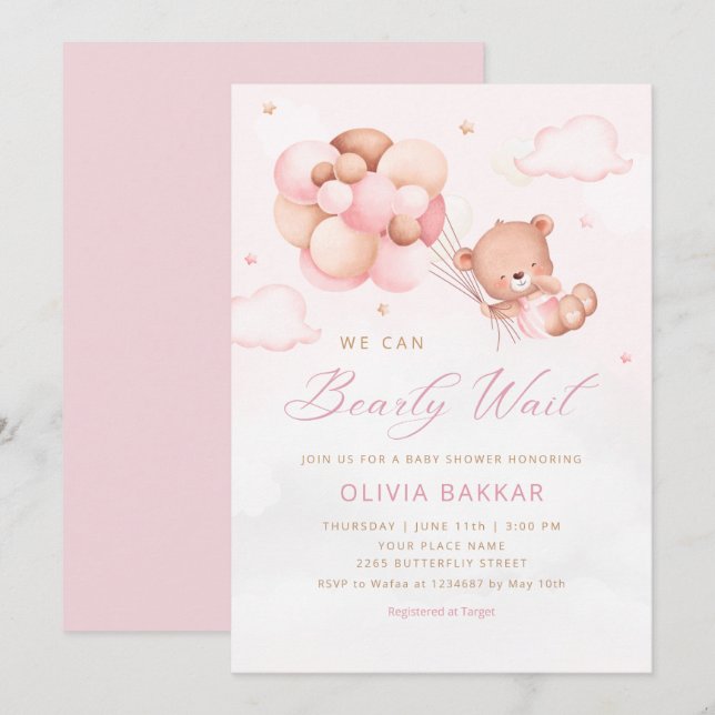 Vi kan bota vänta Nalle Baby Shower Inbjudningar (Fram/baksida)