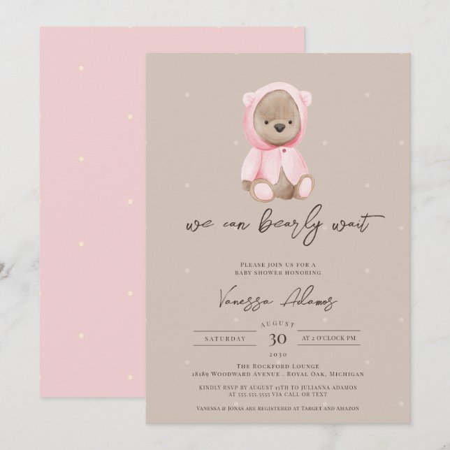Vi kan bota vänta Nalle Baby Shower Inbjudningar (Fram/baksida)