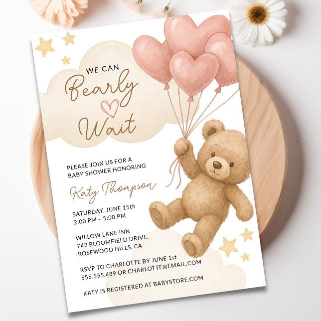 Vi kan bota vänta Nalle Baby Shower Inbjudningar (We Can Bearly Wait Teddy Bear Girl Baby Shower Invitation)