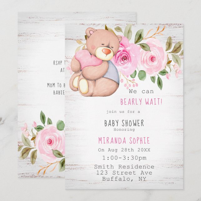 Vi kan bota vänta Nalle Baby Shower Inbjudningar (Fram/baksida)