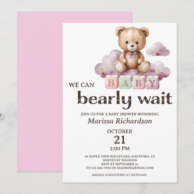Vi kan bota vänta Nalle Baby Shower Inbjudningar (Fram/baksida)