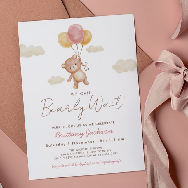 Vi kan bota vänta Nalle Baby Shower Rosa Inbjudningar (Skapare uppladdad)