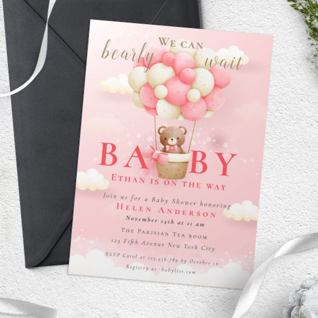 Vi kan bota vänta Nalle Baby Shower Rosa Inbjudningar (Teddy Bear Balloon Girl Bearly Wait Baby Shower Invitation)