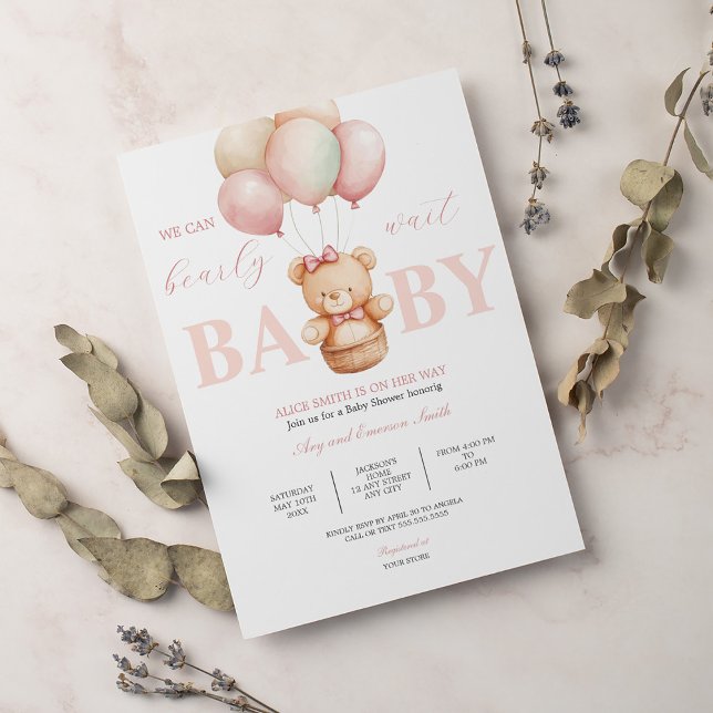 Vi kan bota vänta Nalle Baby Shower Rosa Inbjudningar (Skapare uppladdad)
