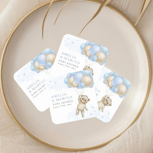 Vi kan bota vänta Nalle Boy Baby Shower Fyrkantigt Klistermärke