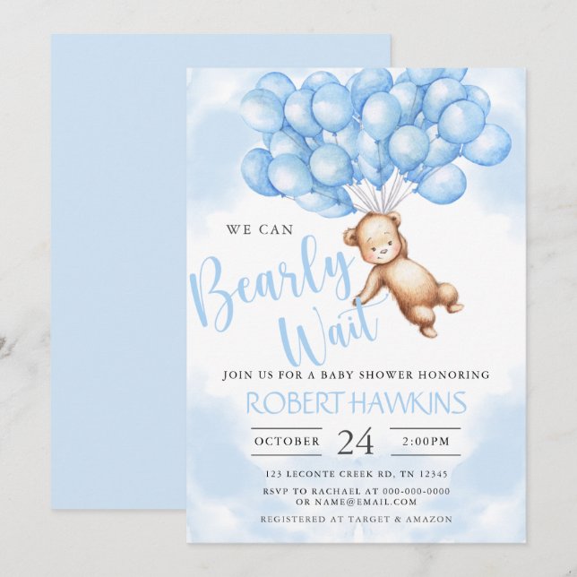 Vi kan bota vänta Nalle Boy Baby Shower Inbjudningar (Fram/baksida)