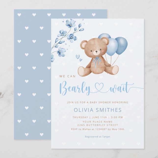 Vi kan bota vänta Nalle Boy Baby Shower Inbjudningar (Fram/baksida)
