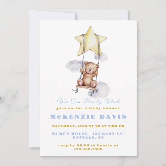 Vi kan bota vänta Nalle Boy Baby Shower Inbjudningar (Framsida)