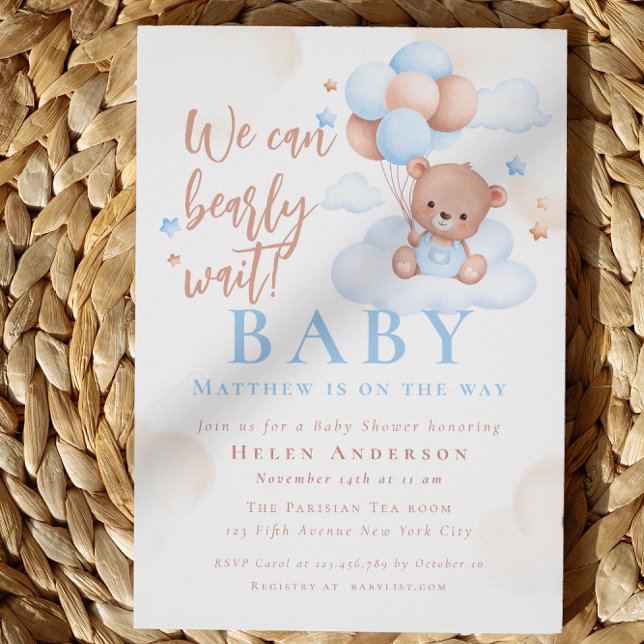 Vi kan bota vänta Nalle Boy Baby Shower Inbjudningar (We can Bearly Wait Teddy Bear Boy Baby Shower Invitation)