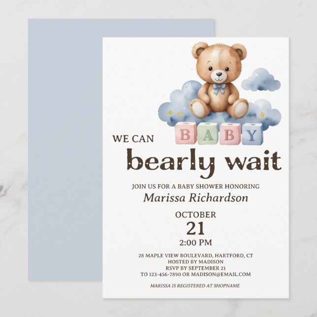 Vi kan bota vänta Nalle Boy Baby Shower Inbjudningar (Fram/baksida)