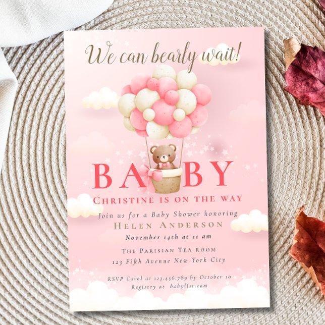 Vi kan bota vänta Nalle Girl Baby Shower Inbjudningar (We can Bearly Wait Teddy Bear Girl Baby Shower Invitation)