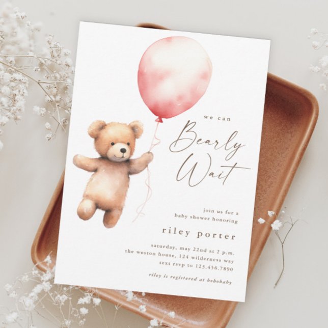 Vi kan bota vänta Nalle Girls Baby Shower Inbjudningar (We Can Bearly Wait Teddy Bear Girls Baby Shower Invitation.)