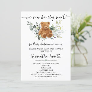 Vi kan bota vänta på att greenery Bear Baby Shower Inbjudningar