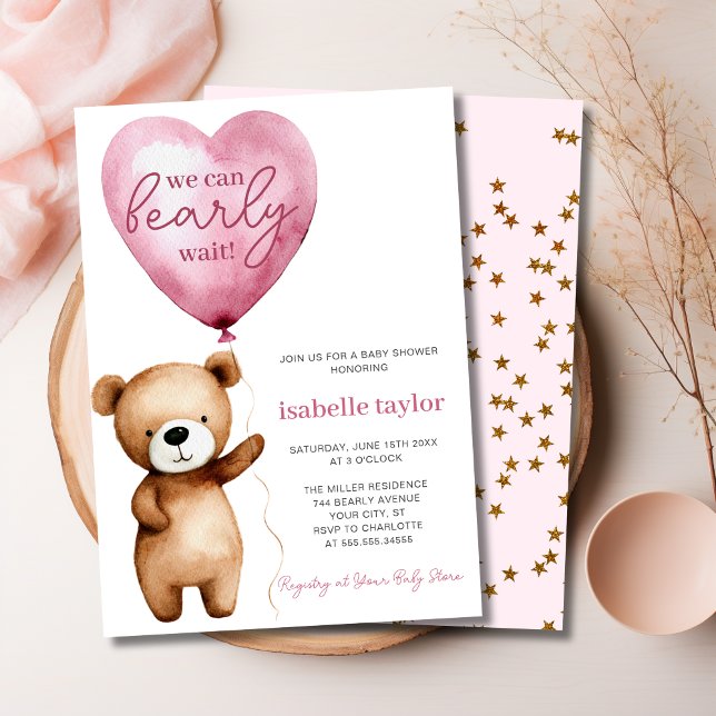 Vi kan bota vänta på babybabyn inbjudningar (we can bearly wait, pink girl baby shower invitation 5 x 7)