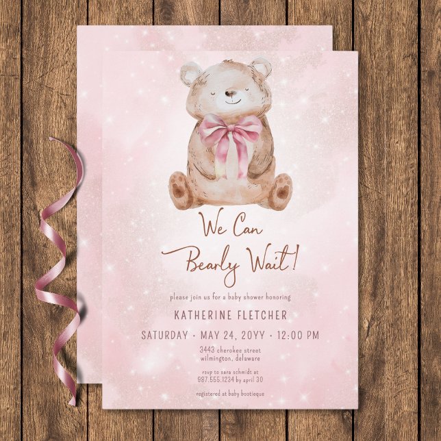 Vi kan bota vänta på babybabyn inbjudningar (We Can Bearly Wait Girl Baby Shower Invitation)