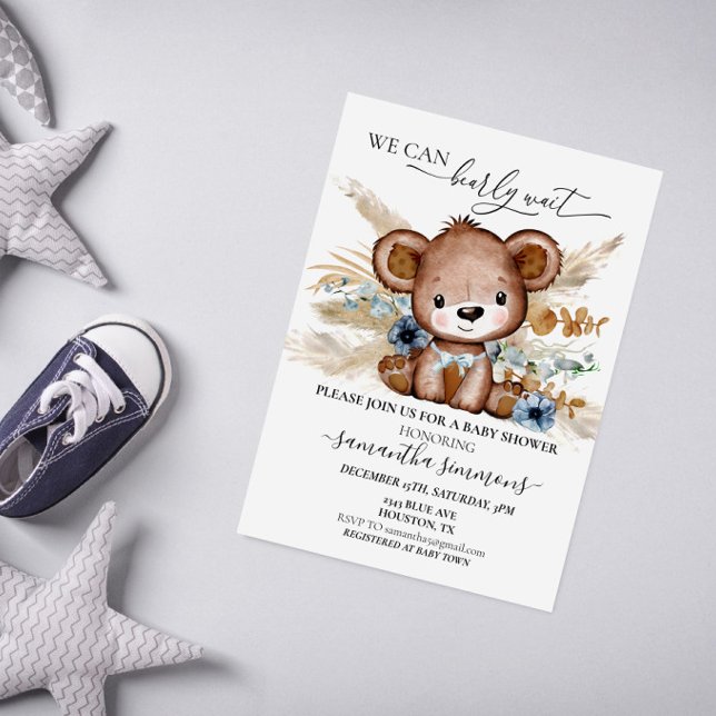 Vi kan bota vänta på babyskor Bear Boho Blue Inbjudningar (Skapare uppladdad)