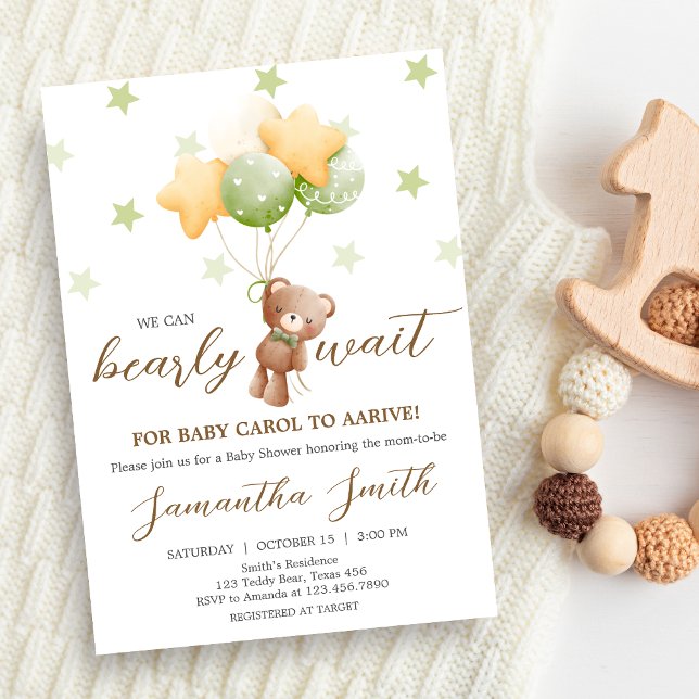 Vi kan bota vänta på babyskor för ballongen inbjudningar (Bear Balloon Baby Shower Invitation)