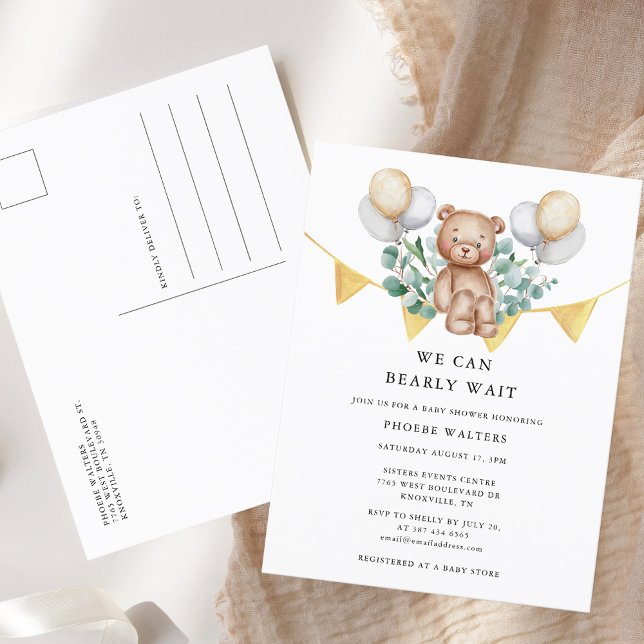 Vi kan bota vänta på vattenfärgsbabyskor inbjudan vykort (We Can Bearly Wait Watercolor Baby Shower Invitation Postcard)