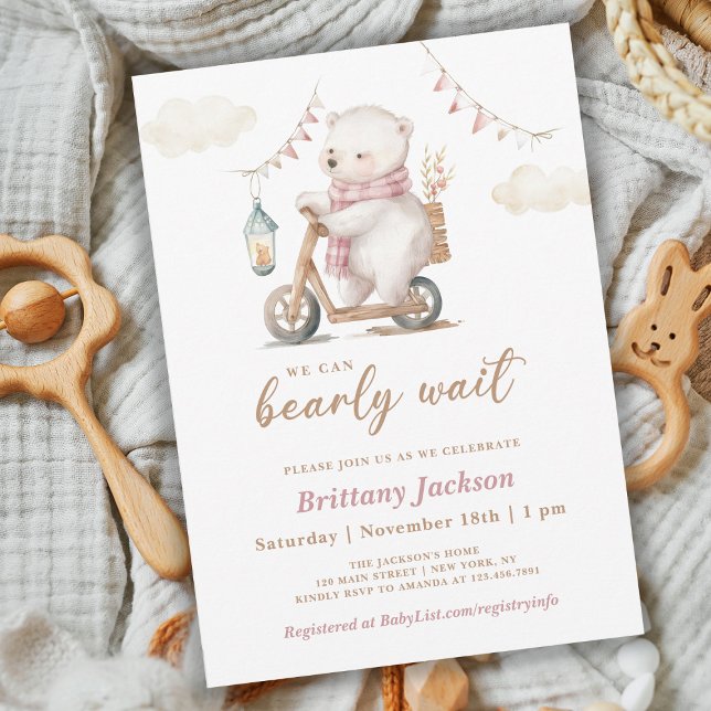 Vi kan bota vänta Polar Bear Baby Shower Rosa Inbjudningar (Skapare uppladdad)