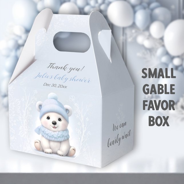 Vi kan bota vänta Polar Bear Blue Boy Baby Shower Presentaskar (Blue Polar Bear Small Gable Favor Boxes - You can choose from 3 sizes of these gable favor boxes.)