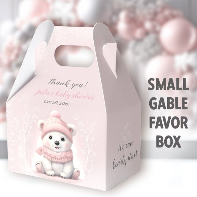 Vi kan bota vänta Polarna Bear Rosa Baby Shower Presentaskar (Pink Polar Bear Small Gable Favor Boxes - You can choose from 3 sizes of these gable favor boxes)