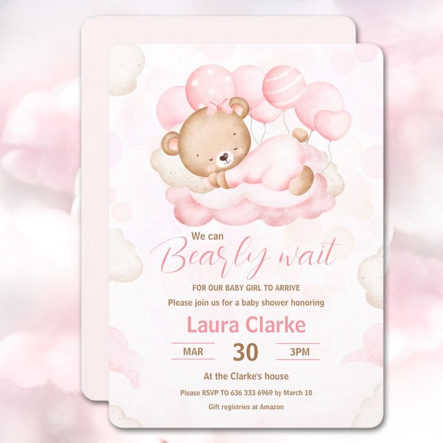Vi kan bota vänta rosa Bear Baby Shower Inbjudningar (We Can Bearly Wait Girl pink Bear Baby Shower Invitation)