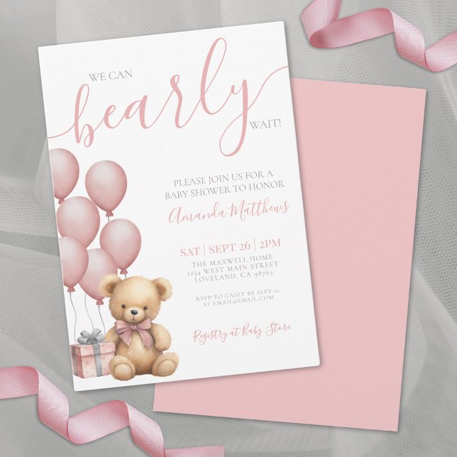Vi kan bota vänta Rosa Bear Baby Shower Inbjudningar (We Can Bearly Wait Girl Pink Bear Baby Shower Invitation )