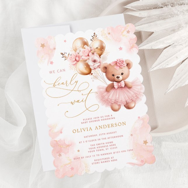 Vi kan bota vänta Rosa Nalle Baby Shower Inbjudningar (Skapare uppladdad)