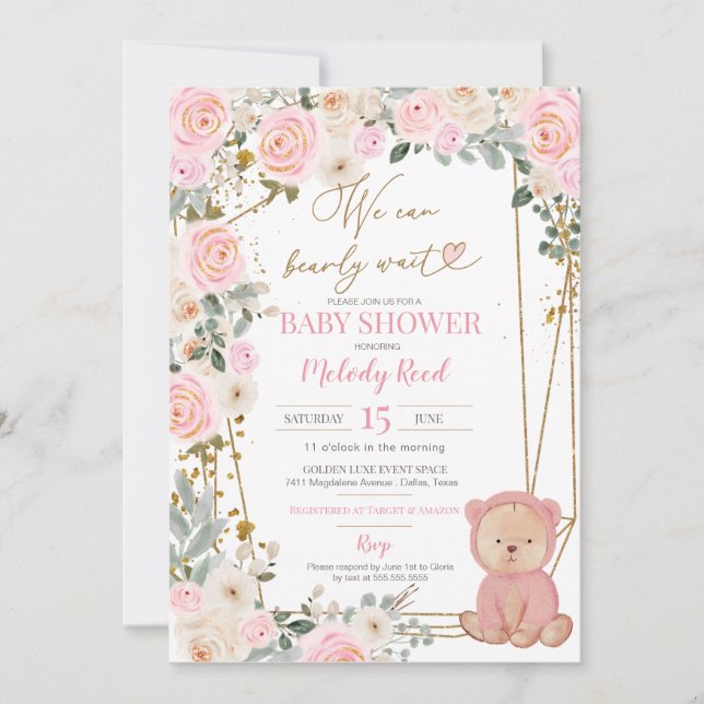 Vi kan bota vänta Rosa Nalle Baby Shower Inbjudningar (Framsida)