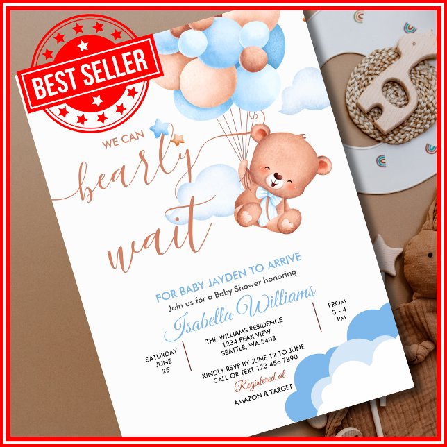 Vi kan bota väntan på Blue Baby Shower Inbjudningar (Skapare uppladdad)