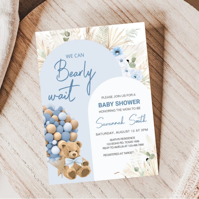 Vi kan bota väntan på Blue Baby Shower Inbjudningar (Boho Blue Bear Baby Shower Invitation)