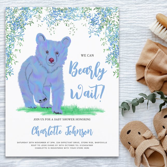 Vi kan btidigt vänta på Woodland Blue Bear Inbjudan Vykort (We cam bearly wait cute blue bear watercolor baby shower budget invitation postcard)