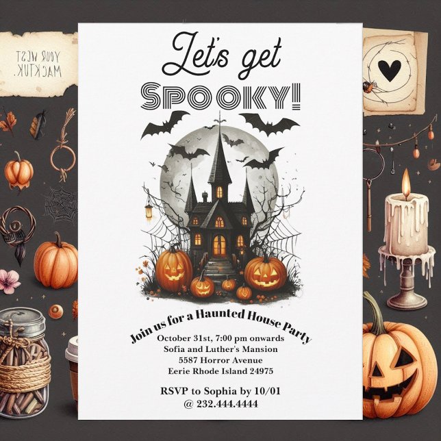 Vi kan få Webben om Spooky Haunted House Party Eer Inbjudningar (Lets get Spooky Haunted House Party Eerie Bats Web Invitation)
