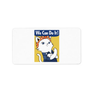 Vi kan göra det! White Cat Rosie Riveter Adressetikett