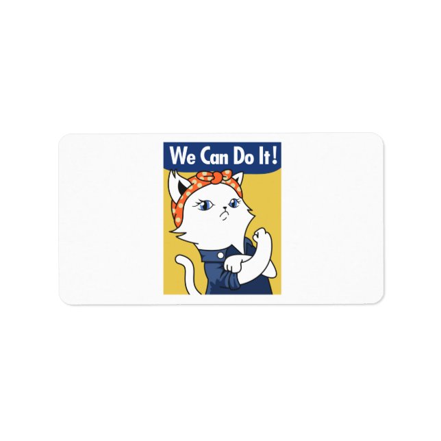 Vi kan göra det! White Cat Rosie Riveter Adressetikett (Framsidan)