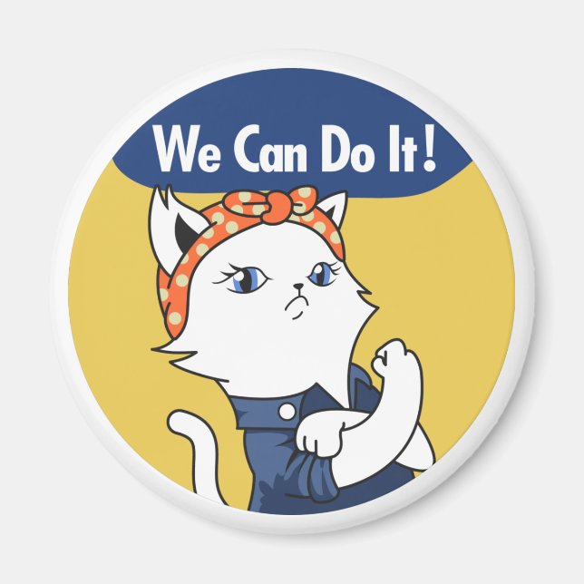 Vi kan göra det! White Cat Rosie Riveter Magnet (Framsidan)