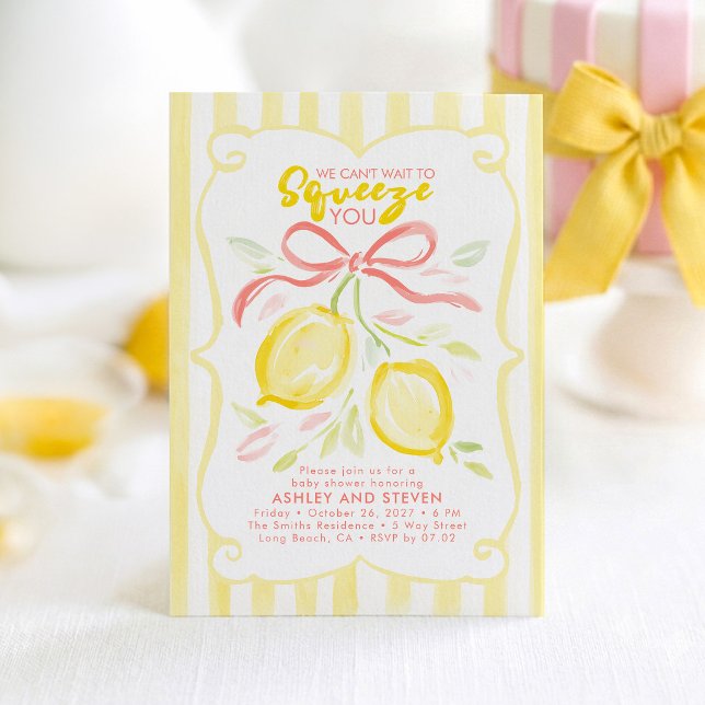 Vi kan inte vänta med att krama dig Lemon Bow Baby Inbjudningar (Lemon Baby Shower Invitation)