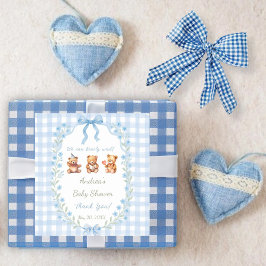 Vi Kan Knappast Vänta Blå Rutig Baby Shower Fyrkantigt Klistermärke