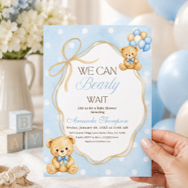 Vi Kan Knappast Vänta Blå Teddygosse Baby Shower Inbjudningar